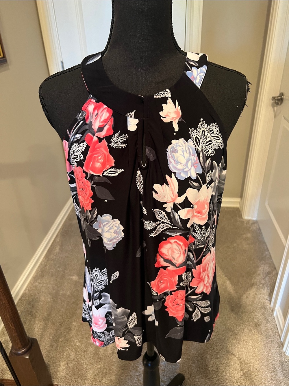 INC International Concepts Black Floral Halter Top with Pink & Cream Flowers